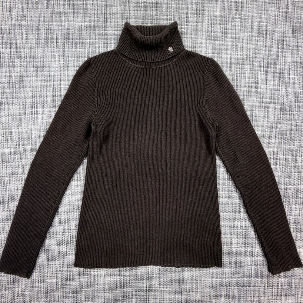 Lauren Ralph Lauren Womens Petite M Brown Ribbed Cotton Turtleneck Sweater Logo